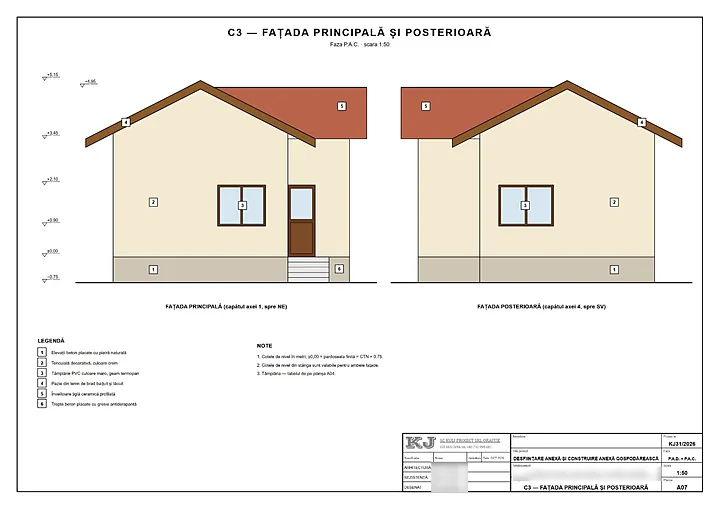 C3, fațada principală și posterioară (A07) – Desființare anexă și construire anexă gospodărească